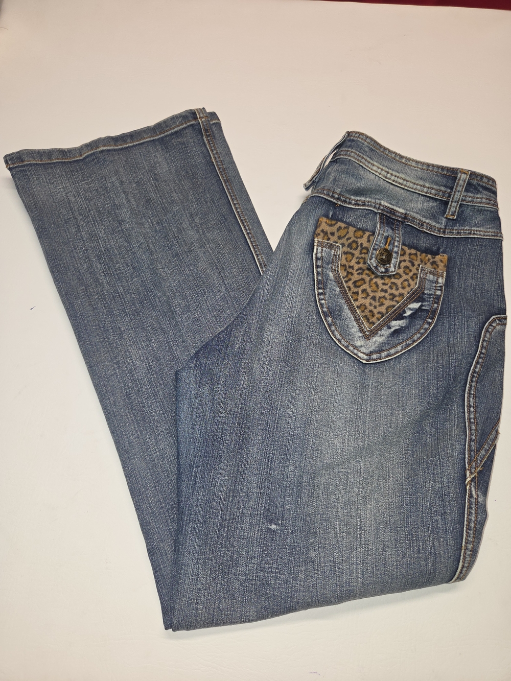 Y2k eaely 2000s crest Jeans Denim Flare with Leopard Print Pockets 13/14